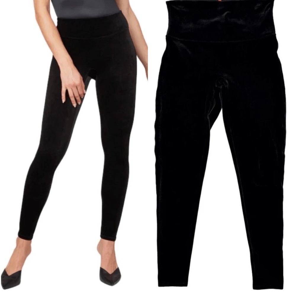 Spanx Ready to WOW Leggings Large Black Velvet High Waisted Slim Fit Pants